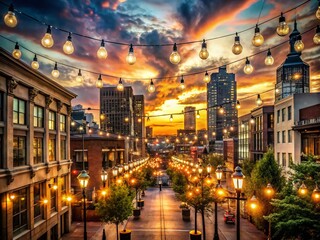 City Lights & Dusk: Hanging Bulbs Illuminate Urban Night