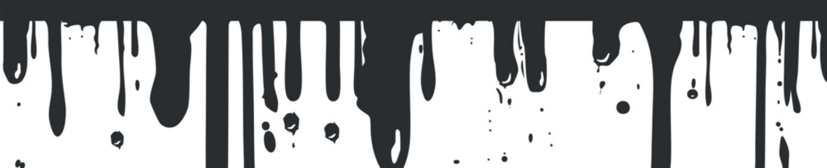 Black paint drips and flows down in abstract messy pattern on white background