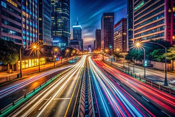 Fototapeta premium City Street Lights Long Exposure Night Photography - Urban Traffic Blurred Motion
