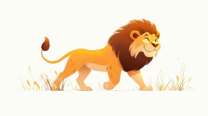Obraz premium Cartoon lion walking savanna grassland; kids book illustration