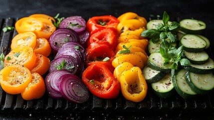 A vibrant assortment of fresh, sliced vegetables arranged on a grill, perfect for a healthy meal.