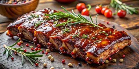 Close-Up of Glazed BBQ Ribs with Rosemary and Peppercorns - Delicious Fall-Off-the-Bone BBQ