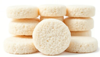 Cylindrical White Rice Cakes Stack Isolated On White Screen Background Perfect For Ads Promotion Backdrop And Healthy Eating Concept