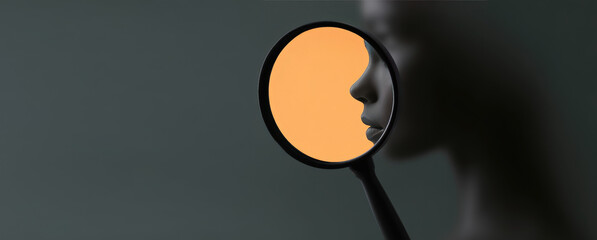A magnifying glass reveals a detailed silhouette of a face in profile against a bright orange backdrop