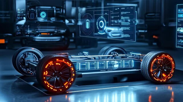 Futuristic electric vehicle chassis structure and data analysis interface are displayed