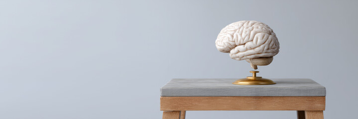 A realistic brain model on a small wooden stool with a sleek, metallic base. 