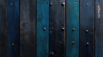 Textured wooden planks, painted in varying shades of dark teal and navy blue, showcasing rustic charm and aged character.  Distinctive,  metal-headed nails punctuate the wood