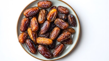 Obraz premium Sweet dried medjool dates arranged on a simple ceramic plate against a plain white background perfect for ramadan healthy snacking