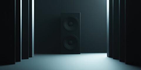 Speaker with dual drivers stands in a dimly lit room, flanked by tall, shadowy columns on either side 