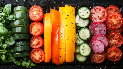 Arrangement of vibrant, sliced fresh vegetables and basil, a healthy and colorful ingredient display.