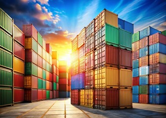 Fototapeta premium Colorful Cargo Containers Stacked High in a Busy Shipping Yard - Stock Photo