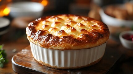 Close-up of a beautifully baked pie on a wooden board, perfect for any dessert.