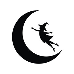 Witch Flying Across a Crescent Moon Silhouette on White