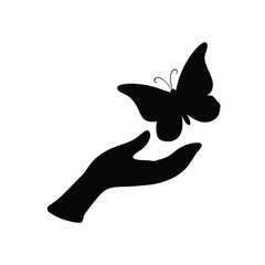 Witch Hand Holding a Butterfly Silhouette on White