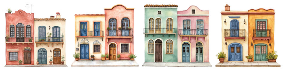Obraz premium PNG Colorful charming Mediterranean architecture, element set on transparent background