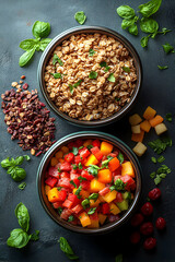 Nutritious and Colorful Meal Bowls &ndash; Granola, Rice, Grilled Chicken, and Veggies