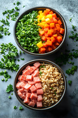 Nutritious Bowls of Grilled Chicken, Brown Rice, and Fresh Vegetables