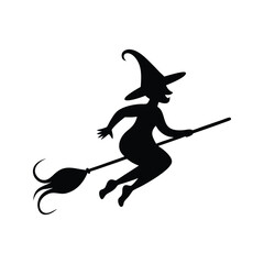 Witch Riding a Crooked Broomstick with a Pointy Hat Silhouette