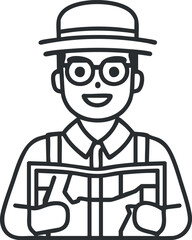 Illustration of a smiling man wearing a hat and glasses holding a map for navigation and travel.
