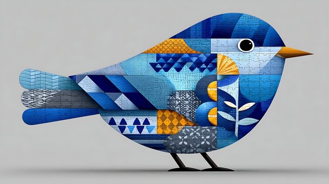Abstract Blue Bird Puzzle Design Geometric Avian Art Patchwork Style Illustration