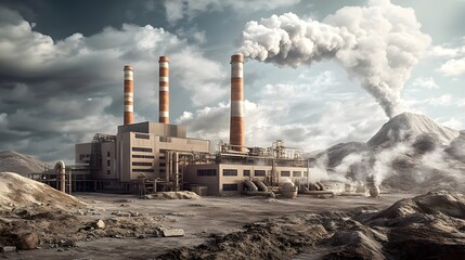 Detailed 3D Model of Industrial Facility with Smokestacks and Landscape