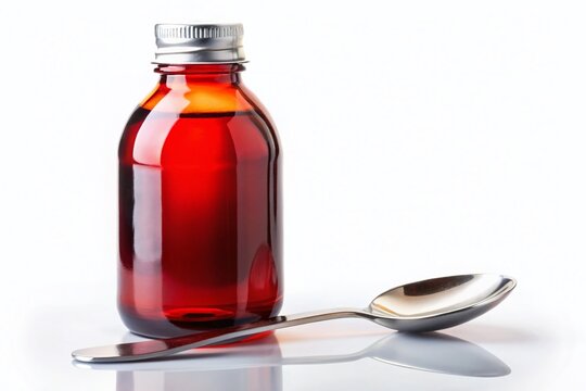Cough Syrup Bottle and Spoon on White Background - Medicine Remedy Concept