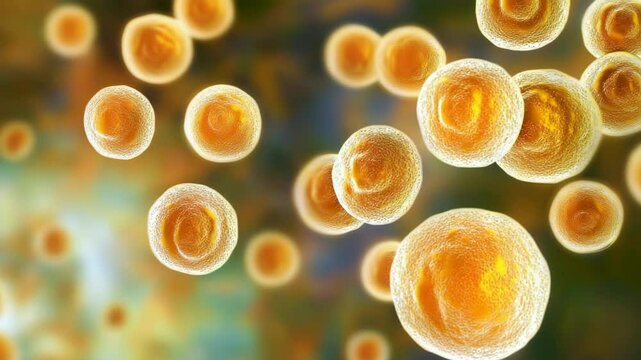 3D rendered illustration of fat cells, also known as adipocytes, with lipid droplets inside, representing obesity, fat storage, and metabolic processes
