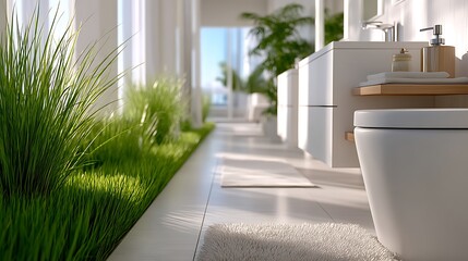 Modern Minimalist Bathroom Design with Lush Greenery and White Fixtures