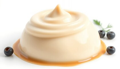 Glossy Caramel Pudding with Cream Swirl Topping Drizzled Syrup and Three Blueberries Isolated on White Screen Background for Promotion Ads Backdrop
