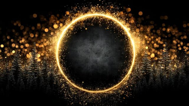Abstract sparkling gold ring frame on dark background with trees, bokeh, and an empty central space for product placement, text overlay