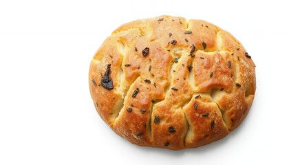 Golden Focaccia Bread Seasoned with Herbs Isolated on White Screen Background Delicious Flatbread Isolated on White Screen Background and Table Overhead Top View Culinary
