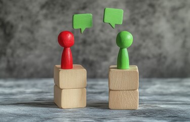 Two wooden figurines, red and green,  converse on small blocks