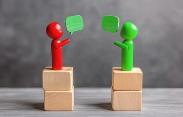 Two figures, red and green, on wooden blocks, engaged in conversation, symbolizing dialogue and discussion