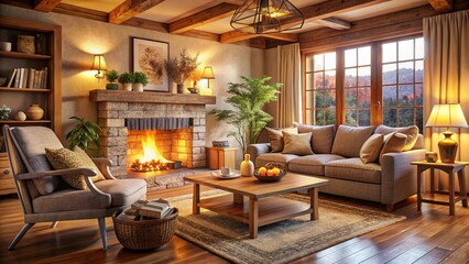 Cozy Wooden Living Room Interior, Soft Natural Light, Comfortable Furniture, Home Decor