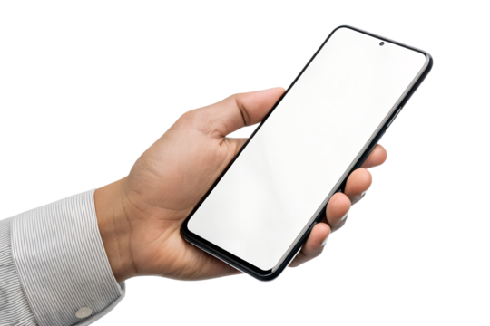 Hand holding modern smart phone mockup on transparent background png - Powered by Adobe
