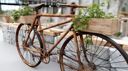 Obraz premium Rustic Vintage Bicycle with Wooden Planters Outdoor Scene Plant Decor
