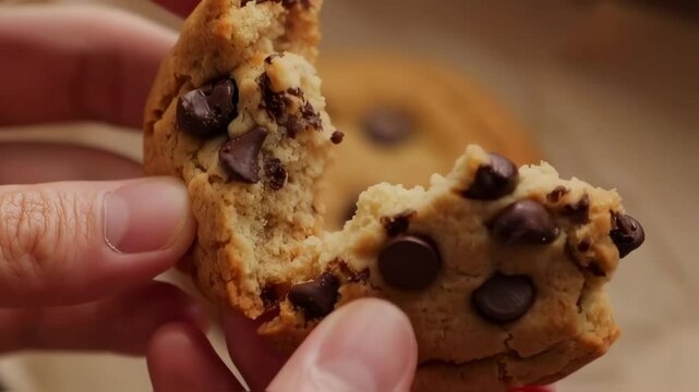 A hand holding a partially eaten chocolate chip cookie with visible chocolate chips and crumbly texture