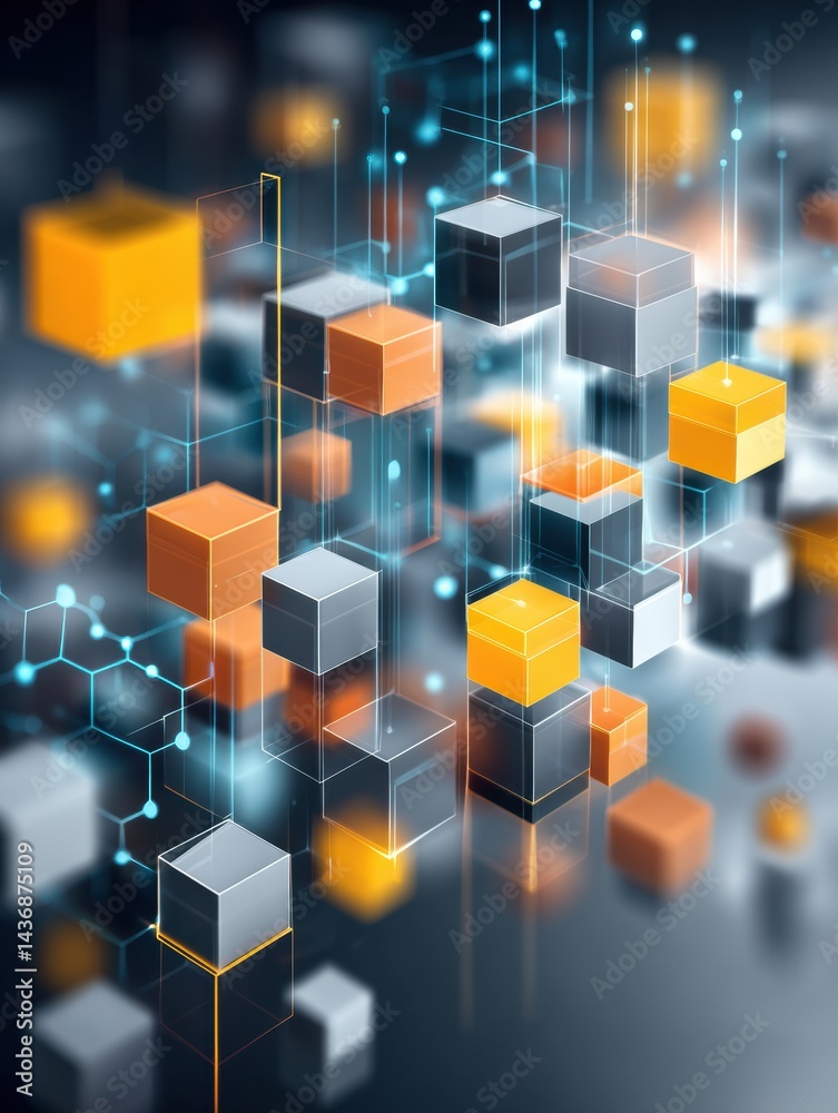 Poster Floating Blocks and Cubes Illustrate the Dynamic Nature of Blockchain Technology and Its Complex Interactions in a Digital Landscape