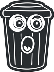 Black and white cartoon trash bin with surprised facial expression and wide eyes