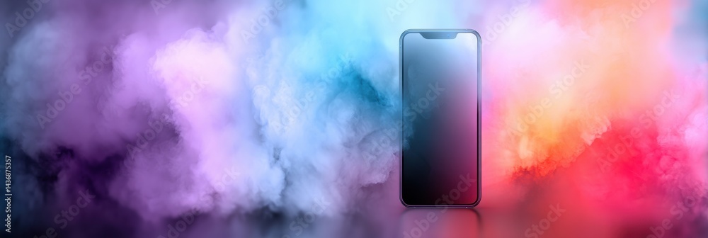 Poster Floating Smartphone Surrounded by Colorful Gradient Fog Creates a Dreamy Visual Experience in a Surreal Atmosphere