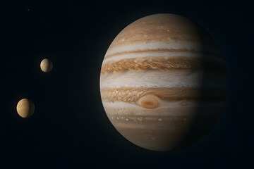 Jupiter planet with moons orbiting in deep space astronomy photo for science and education content