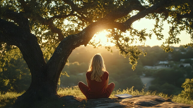Serene woman meditating beneath a large tree on a sunny hilltop.
