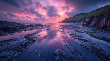 Naklejka premium Dramatic sunset over tranquil coastal scene