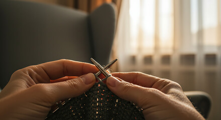 Close-up of Hands Knitting a Cozy Pattern A Relaxing Hobby