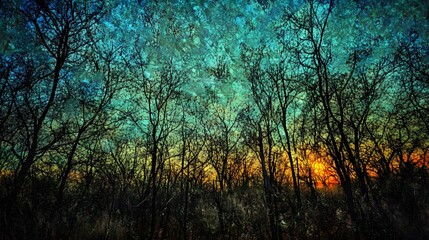 Bare tree silhouettes stand against a vibrant textured sky blending artistic blue yellow and orange sunset colors in forest