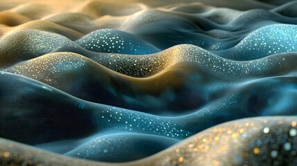 Luminous particle waves ripple across an abstract technological surface background blending blue and gold hues