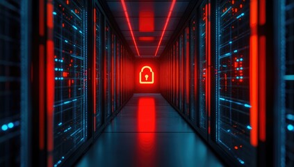 Fototapeta premium Futuristic Server Room With Security Lock Neon Lights