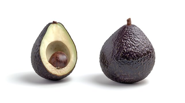 Two halved avocados, showcasing their inner flesh and pit.