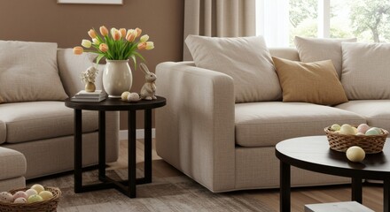 Naklejka premium Elegant Easter-themed interior with a cozy sofa, a round side table, and a decorative bunny figurine