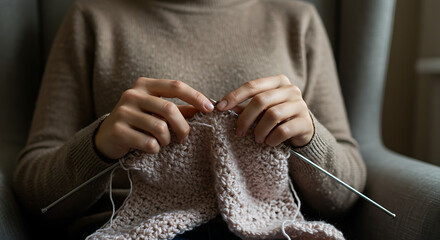 Woman Knitting a Cozy Pink Sweater A Relaxing Hobby